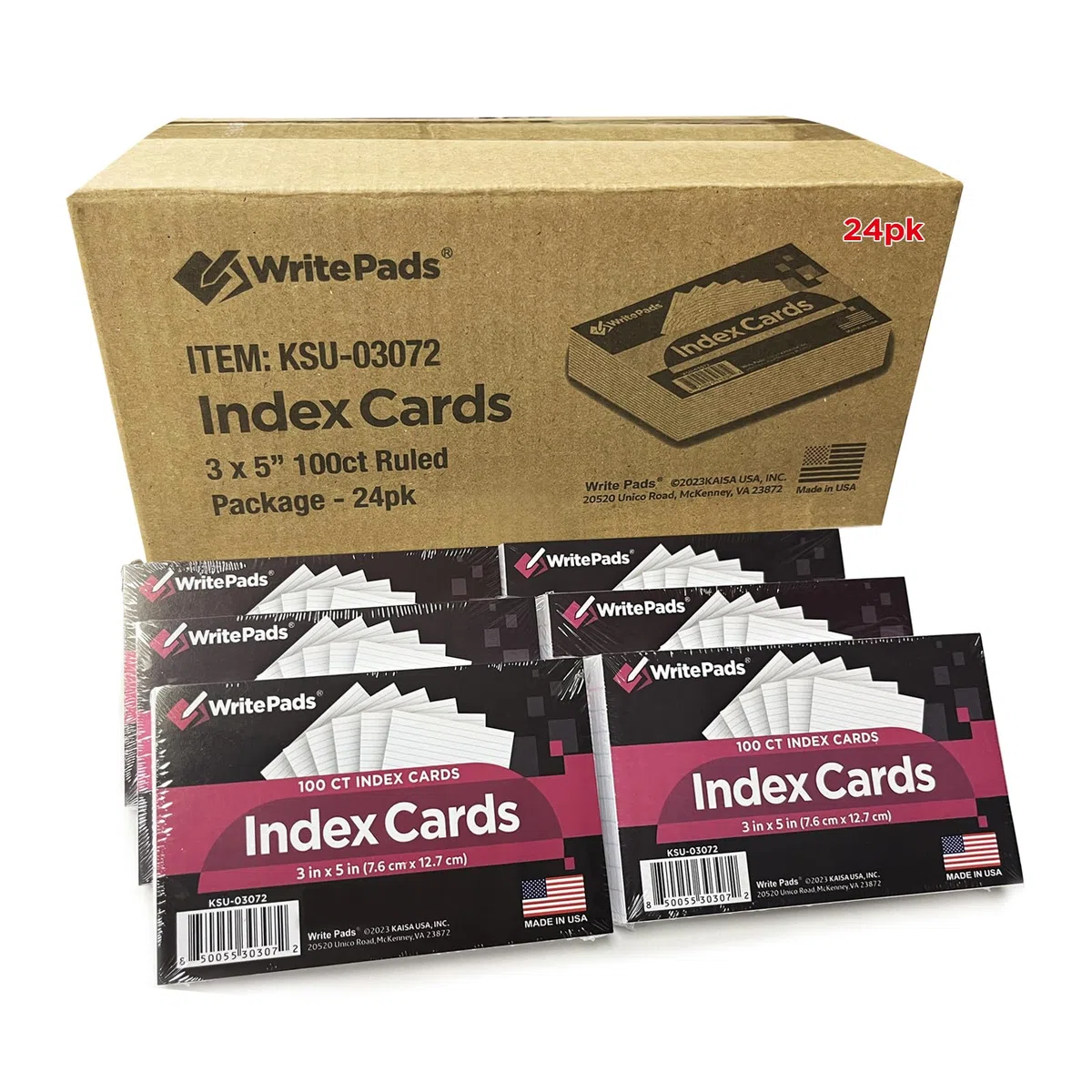 KAISA Tarjetas de índice forradas de 3 x 5 pulgadas, 2400 unidades rayadas en la parte delantera, tarjetas de índice en blanco en la parte posterior, 24 paquetes de 100 unidades, fabricadas en los