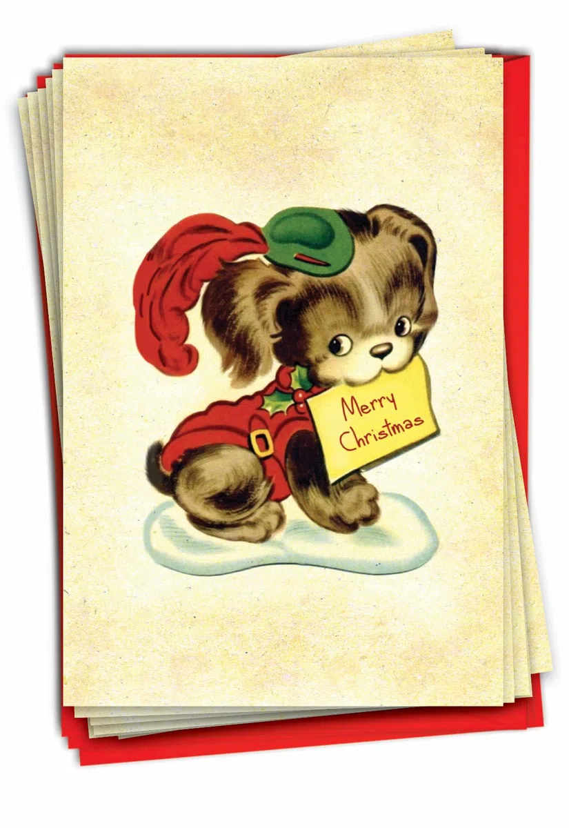 NobleWorks Juego de 12 tarjetas de felicitación de Navidad en caja con sobres de 5 x 7 pulgadas (1 diseño, 12 de cada uno), animales navideños vintage, cachorro C10144EXSG-B12x1